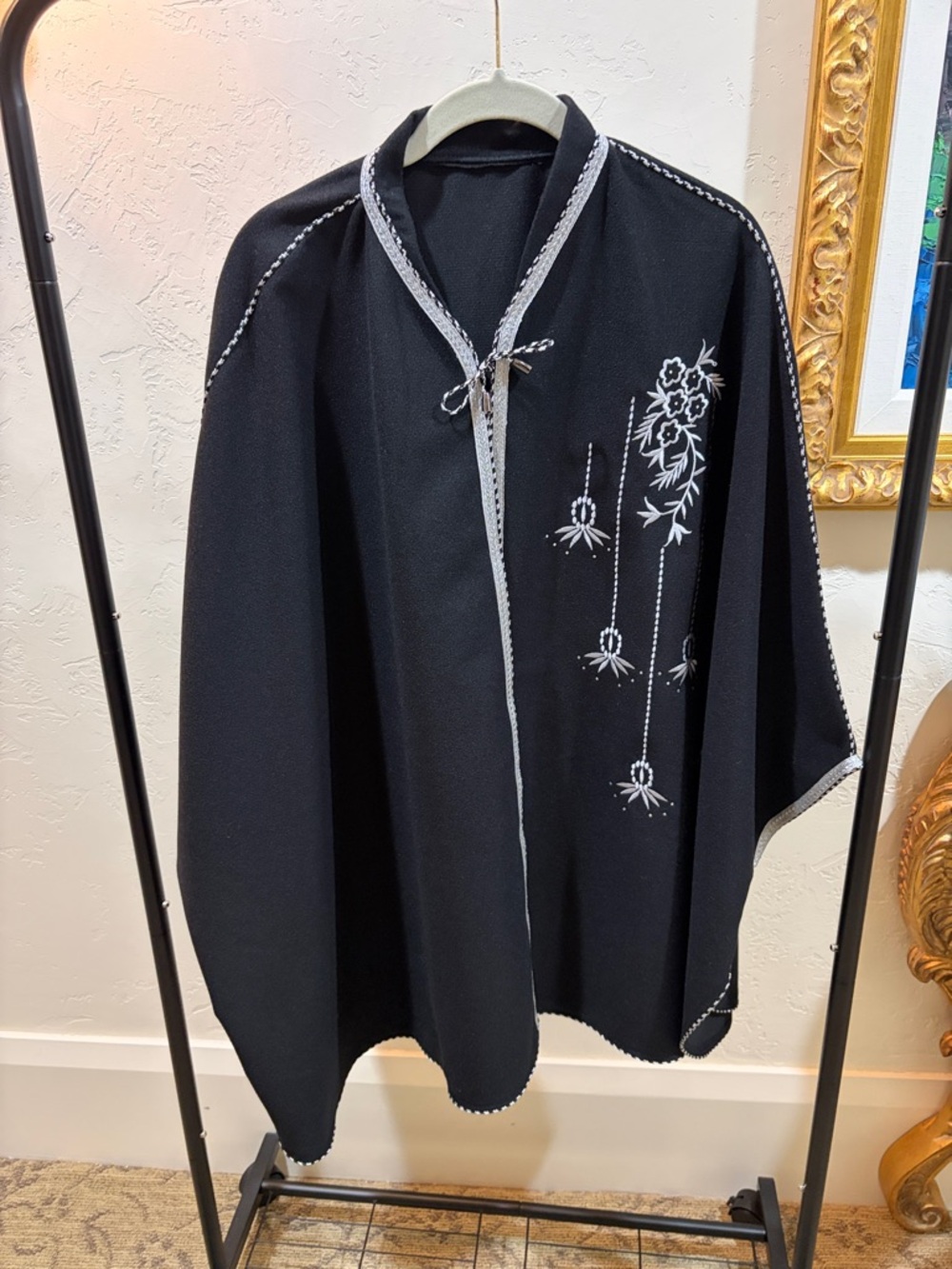 European Black Embroidered Cape with White Floral Detailing